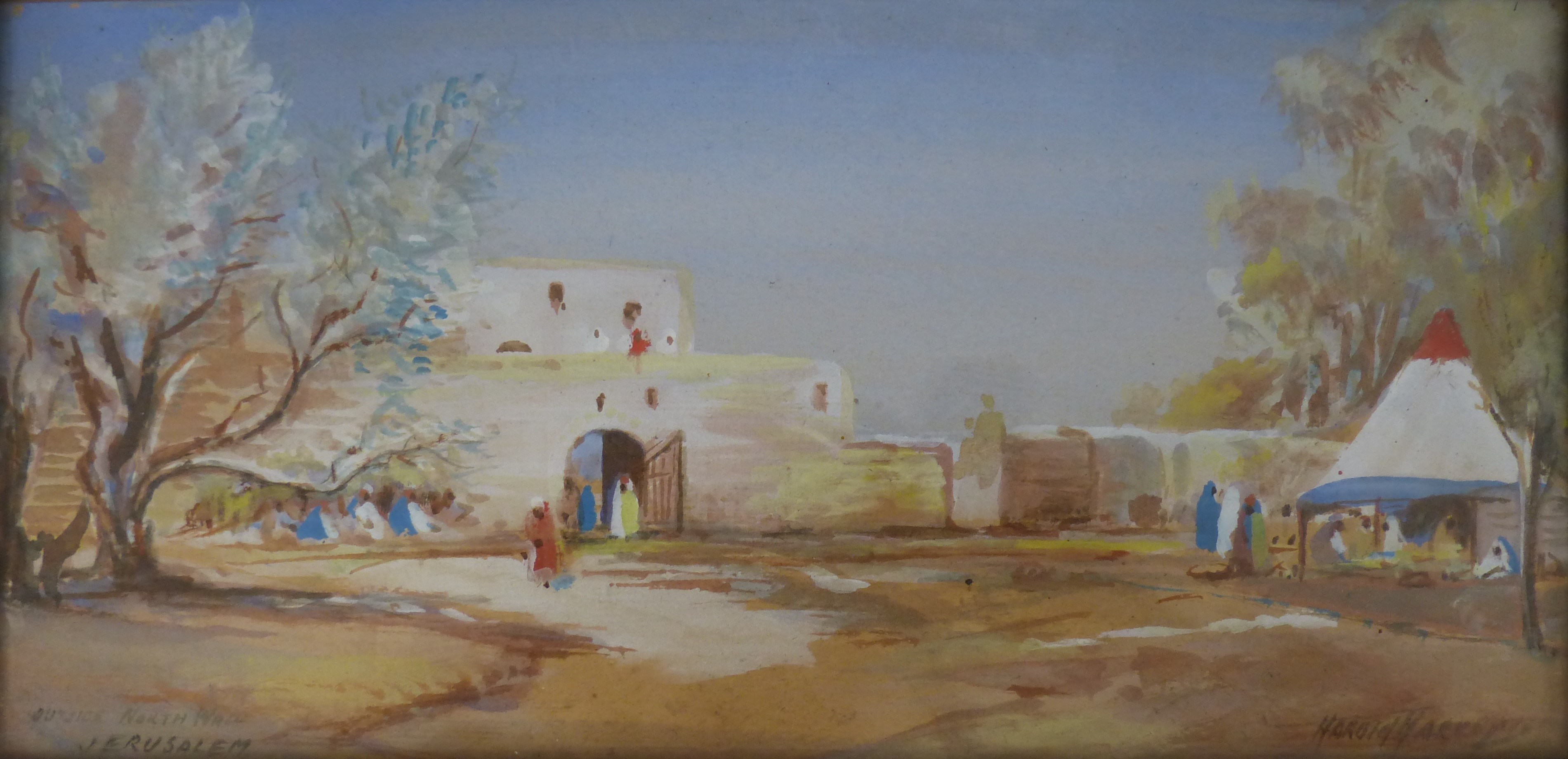 Harold Harvey, watercolour, Outside North Wall, Jerusalem, signed, 14.5 x 29.5cm